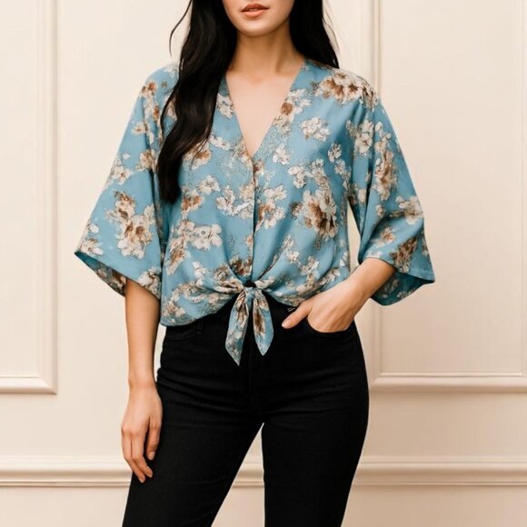 Large Light Blue Floral Chiffon Blouse Front Tie Summer Spring Brunch Office - Picture 1 of 7